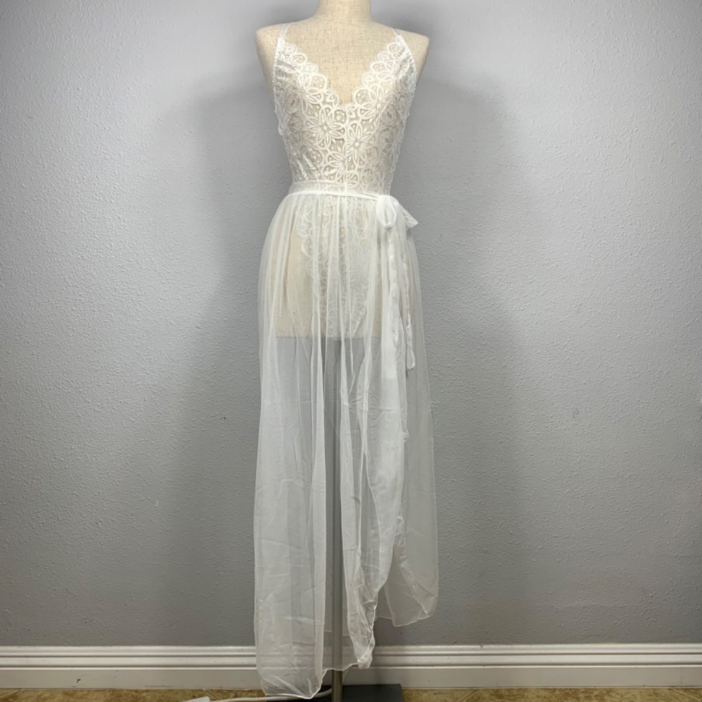 White Lace Teddy Bodysuit w/ Mesh Skirt - Picture 6 of 7